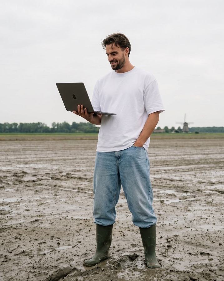 Daan staat met laarzen in de klei van een akker, laptop in de hand